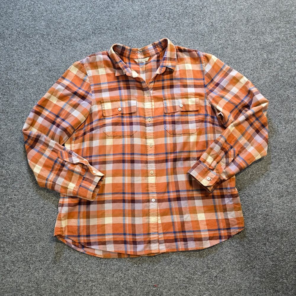 LL Bean Signature Top Womens Size Large Brown Plaid Button Up Long Sleeve Casual